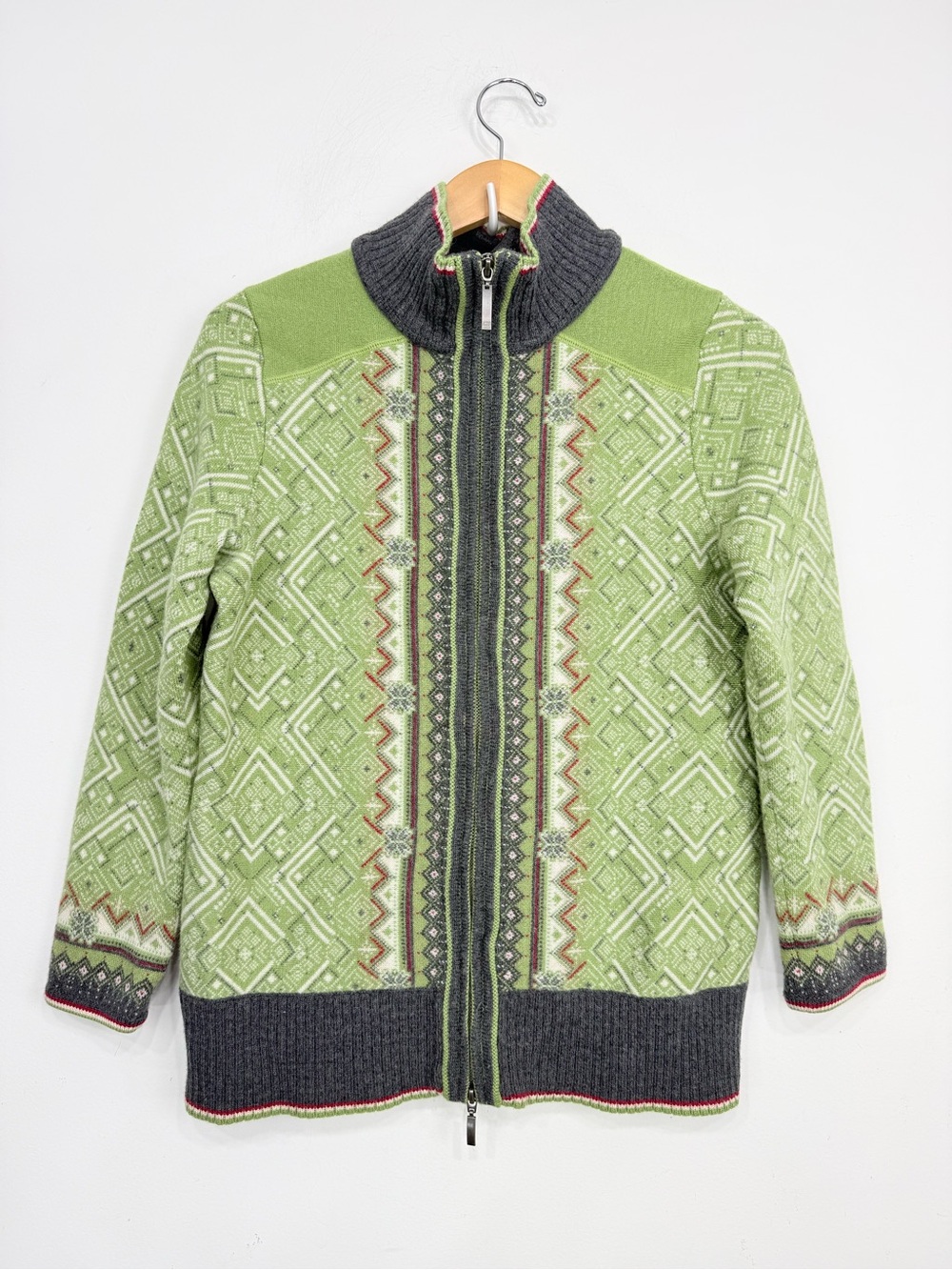 Eddie Bauer Green White Fair Isle Nordic Print Zip Up Cardigan Knit Ski Sweater